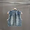 2026 otoño transfronterizo europeo y americano nuevo diseño de botón vintage chaleco de mezclilla ajustado sin mangas cuello redondo