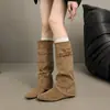 Chegada Nova Outono/Inverno 2026 Bico Fino Salto Anabela Rasteira Afinando Moda Francesa Sexy Bonita Celebridade da Internet Botas Longas Marrom