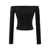 Sexy Camiseta de Manga Larga Off-Shoulder con Cintura Cropped y Clavícula Expuesta, Top Ajustado y Favorecedor