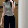 Camiseta Estampada Floral Tendência Estilo Americano Manga Curta para Mulheres, Verão Slim Fit Valorizadora Estudante Versátil Gola Redonda