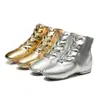 Venta al por mayor de fábrica Botas de Jazz de Caña Alta Zapatos de Danza Moderna de Cuero Brillante Zapatos de Práctica de Ballet Suela Suave Zapatos de Jazz para Mujer