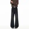 Jeans boca de sino desconstruído em patchwork estilo americano moderno para homens, estilo de rua, calças casuais versáteis retas largas, Guangzhou Xintang