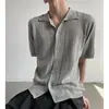 Cardigan de Tricô com Gola Lapela Vazada Manga Curta Masculino Verão Texturizado Respirável Solto Versátil Camisa Tendência