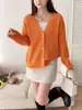 Cárdigan de punto liso color sólido estilo francés con cuello en V, nuevo modelo otoño e invierno 2026, corte holgado, adelgazante, versátil abrigo suéter para mujer
