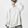 Sudadera de estilo americano de moda, corte holgado, con media cremallera para hombre, colección de otoño, peso pesado, diseño versátil de retazos a rayas, cuello deportivo