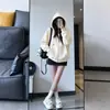 Cárdigan pesado estilo americano para otoño/invierno color gris lechoso con cremallera, prenda exterior retro para mujer, forrado de felpa y engrosado, corte holgado para primavera y otoño