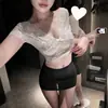 Meizi Lencería Sexy Secretaria de Oficina Escote Profundo Encaje Sexy Transparente Ajustada Ceñida a la Cadera Falda Conjunto Caliente de Uniforme para Mujer