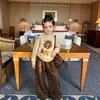 Roupa de Outono para Meninas: Top Estampado Manga Longa Estilo Retro Coreano e Calça Casual Wide-Leg Elegante com Estampa de Leopardo para Crianças