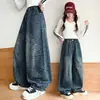 Pantalones de Niña Otoño Nuevo Estampado de Leopardo Jeans de Mezclilla Estilo Americano Retro Lavado Pantalones de Pierna Curva Pantalones Largos para Niña