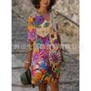 Vestido de Talla Grande con Estampado Colorblock Patchwork de Bambú Retro Artístico Cuello en V Holgado Manga Corta