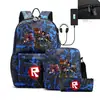 Bolso de hombro cruzado para hombre y mujer con carga USB, estuche para lápices de un solo hombro, mochila escolar de tres piezas para estudiantes de secundaria, temática del juego Roblox