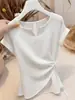 Blusa azul irregular única y hermosa con calados, corbata y abertura, camiseta de manga corta, top de verano de alta gama para mujer