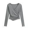 Pura para Outono e Inverno Gola V Cruzada Cintura Manga Longa Camiseta Feminina Irregular Hot Girl Top Blusa Base Espessa