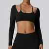 Camiseta Deportiva Europea y Americana Suave y Masticable Doble Molienda Manga Larga Falsa de Dos Piezas Sexy Espalda Bonita con Almohadillas en el Pecho para Correr Fitness Yoga 62535