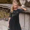 Novo Elegante Vestido de Noite Ultra-Longo com Lantejoulas, Gola Redonda, Manga Meia-Manga, Corte em A para Mulheres da Amazon 2026 Vestido de Banquete