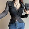 Tejido de punto de manga larga con perspectiva sexy retro francés para mujer, fino de seda de hielo, irregular, corto de cola de golondrina, base, camisa protectora solar