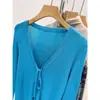 Chaqueta Top de Encaje con Cordones y Cuello en V Color Azul Lago Atmosférico para Mujer en Verano Aspecto Adelgazante Tejido de Seda de Hielo tipo Papel Cardigan Protector Solar