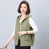 Colete estiloso com capuz estilo mãe, jaqueta colete de outono feminina em mistura de algodão, cor sólida, casual, versátil, top para meia-idade e idosos