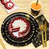 Suministros para fiestas temáticas doradas, fiesta de cumpleaños, plato de papel desechable, vaso de papel, pañuelo, cuchillo, tenedor, cuchara, mantel, suministros de decoración