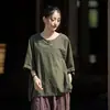 Top artístico y vintage de algodón y lino para mujer, nuevo suéter de verano estilo chino, inspirado en el Zen, color liso simple, con cuello abotonado, cuello redondo y mangas cortas