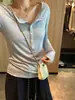 Camisa Básica Henley para Mulheres em Tencel Lyocell e Lã de Ovelha, Manga Longa para Outono e Inverno com Botões de Madrepérola e Listras de Acetato