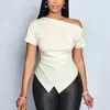 Moda Cruzada Europeia e Americana Elegante Versátil Feminina Cor Sólida Simples Gola Assimétrica Verão Manga Curta Slim Camiseta Top