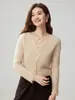 Cárdigan de punto de cachemira con ribete de encaje para mujer, cuello en V, manga larga, corto, elegante francés, versátil, color liso, chaqueta de botones