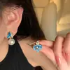 Pendientes de Flor Asimétricos con Esmalte Azul Manchado de Goteo para Mujer Diseño de Nicho Pendientes Únicos de Moda Joyería para Orejas Versátil