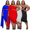 N7810 AliExpress Amazon Moda Europeia e Americana Feminina Novo Conjunto de Duas Peças de Alta Elasticidade com Decote Oblíquo, Manga Longa com Cauda, Enrugado