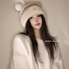 Gorro de Peluche de Oso Lindo para Mujer, de Galleta Crema, Cálido para Invierno, a Prueba de Viento para Ciclismo, Protección para Orejas, Gorro de Punto Mostrando la Cara, Gorro Pequeño de Peluche