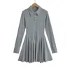 Estilo Académico Vintage Polo Solapa Ajustado Ajustado Gris Vestido Mujer Otoño Cintura Americana Línea A Falda Plisada