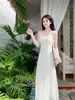 Vestido de tirantes estilo francés para mujer, Nuevo modelo de verano 2026, Patchwork de malla, Vestido ultra etéreo, Estilo vacacional, Vestido largo acampanado