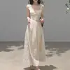 Vestido Cuadrado Corto Hombros Descubiertos Estilo Dulce y Fresco para Niña, Falda Acampanada con Cintura Entallada de Encaje Bloque de Color, Vestido Adelgazante para Citas