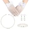 Amazon Moda Joyería Europea y Americana Personalizado Malla de Encaje con Lazo Guantes de Boda Collar de Perlas Conjunto de Tres Piezas Mayoreo