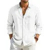 Amazon Americano Transfronterizo para Hombre Nuevo Casual Algodón Lino Manga Larga Botones Cardigan Holgado Transpirable Color Sólido Camisa Hombre