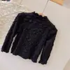 Camiseta básica de manga larga elástica ajustada con cuello plisado para niñas pequeñas francesas, camiseta de estilo occidental, camiseta de burbujas