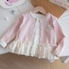 Conjunto Doce de Outono para Meninas: Conjunto de Duas Peças: Cardigan Jaqueta de Renda Rosa Tricotado + Base de Algodão Manga Longa para Bebê Menina