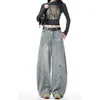 Calça jeans feminina wide leg com estampa de estrelas pretas, novo estilo outono, design único, corte solto, lavada, comprimento total