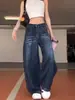 Jeans American Retro Lavados Cruzados Tipo Cimitarra para Mujer, Pantalones Anchos Rectos Sueltos de Pierna Ancha hasta el Suelo