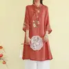 Camisa de algodão e linho estilo chinês novo, artística e retrô, top bordado estilo étnico de comprimento médio para o verão, vestido de chá soltinho para mulheres