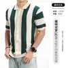 Estilo Old Money Camisa Polo de Punto Rayado de Seda Helada para Hombre Cárdigan de Cuello Campana Bloqueo de Color Casual de Negocios Manga Corta Ropa para Hombre