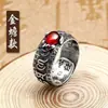 Anel de granada vintage masculino Prata Anti-Tailandesa Sutra do Coração anel único masculino Corindo vermelho Sapo Dourado anel ajustável