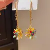 Brincos Gancho Flor Dupla Cravejados com Zircônia Estilo Retrô, Borla Colorida, Luxo Acessível Europeu e Americano, Nicho de Alta Qualidade, Estilosos para Mulheres