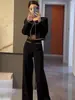 [En stock] Conjunto de moda de diseño nuevo otoño 2026 inspirado en Chanel: conjunto de dos piezas: chaqueta corta y pantalón ancho de cintura alta