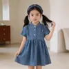 Vestido de Verão 2026 Mdd Cross-Border para Meninas, Gola Alta, Manga Curta, Jeans Lavado Macio, Vestido Princesa Infantil para Crianças Pequenas