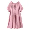 Camisola Simples de Crepe de Camada Dupla para Mulheres na Primavera e Verão com Gola Redonda e Amarração, Roupão Longo Doce para Estudantes, Loungewear de Caimento Solto