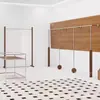 Estante de ropa de acero inoxidable montado en la pared para tienda de ropa, estante vintage color veta de madera de nogal, exhibidor de piso para ropa de mujer