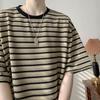 Estilo japonês retrô tridimensional listrado pesado manga curta masculino verão novo solto all-match casual gola redonda camiseta casal na moda