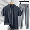 Traje informal de verano 2024 para hombre, conjunto de pantalón y polo sin costuras de seda helada, atuendo de papá para hombre