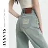 Jeans Rectos de Color Claro para Mujer Primavera y Otoño 2025 Nuevos de Cintura Alta que Cubren la Cadera Adelgazantes Desgastados Bolsillo Trasero Pantalones de Pierna Estrecha y Ancha